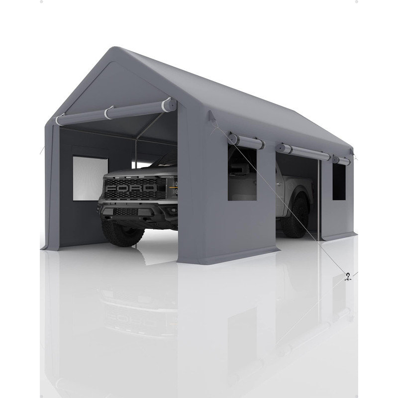 12x20 ft Portable Garage Carport with Removable Sidewalls, Roll-Up Windows, Waterproof Canopy, Reinforced Steel Frame – Versatile Shelter for Car Storage, Boat Shelter, and Event Canopy