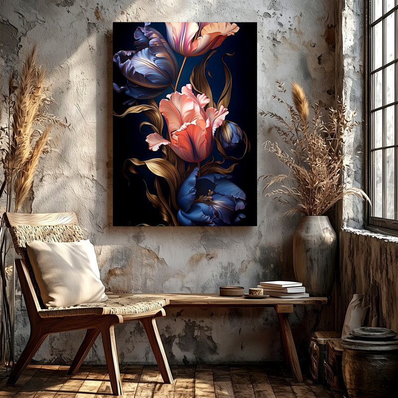 Impression sur toile, tulipe florale, fleur botanique rose, impression d'art botanique rose bleu pour décoration de salon