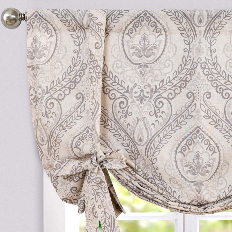 Faux Linen Farmhouse Tie up Valance, 42" W x 54" L, Blue on Beige