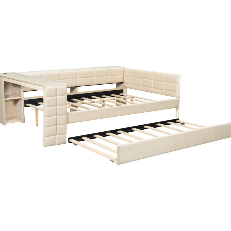 Full Size Beige Upholstered Platform Bed With Storage Shelves, Charging Station And Trundle, Comfortable For Relaxing Reading Twin Velvet Look Timelessness