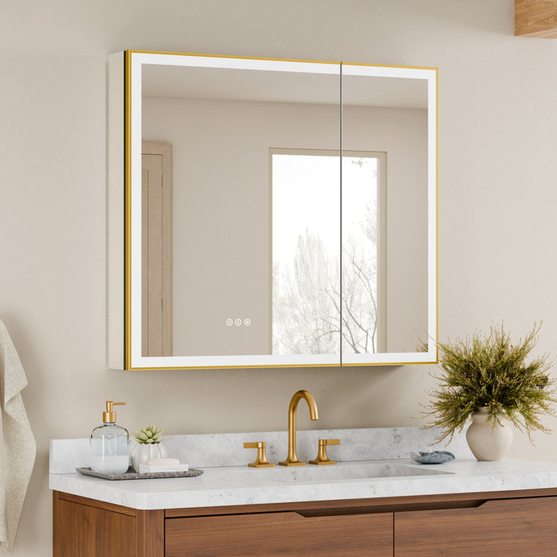Pharmacie à cadre doré avec lumières et miroir, encastré / surface, à brancher / câblé, prises + USB, 3 couleurs / gradateur / capteur de lumière interne / désembuage, zone magnétique