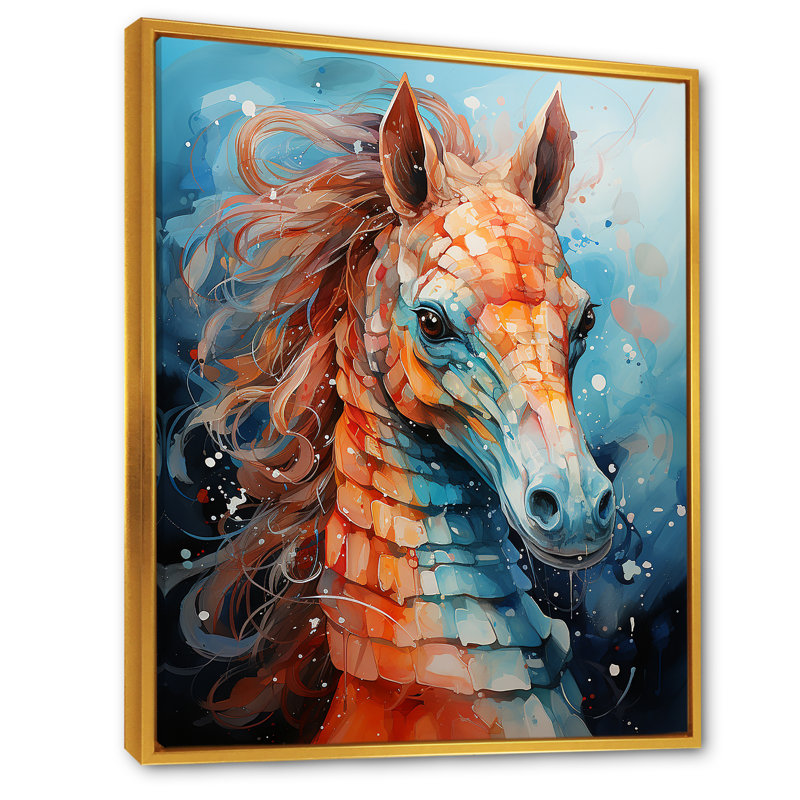 «Orange and Blue Seahorse Symphony 3», H 44 po x l 34 po x P 1,5 po, Cadre flottant doré