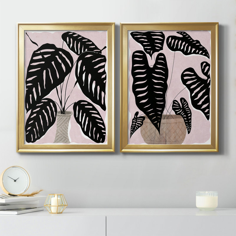 Plante en pot I - ensemble de 2 peintures sur toiles, H 18,5 po x l 49 po x P 1,5 po, Gold Framed Canvas