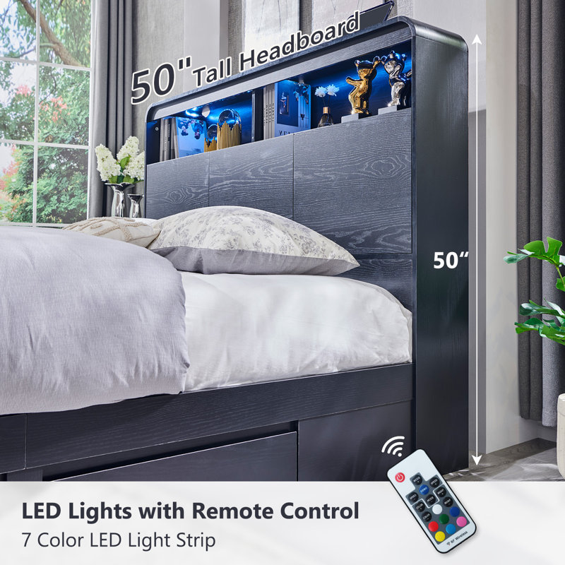 Modern LED Light Bed Frame with 50" Tall Storage Headboard, Platform Bed Frame w/4 Drawers, w/Charging Station, Queen, Black