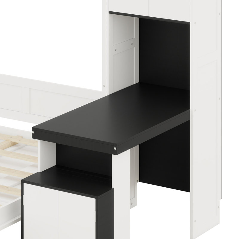 Lit escamotable peu encombrant avec bureau, tablettes et armoires, parfait pour les chambres d'amis