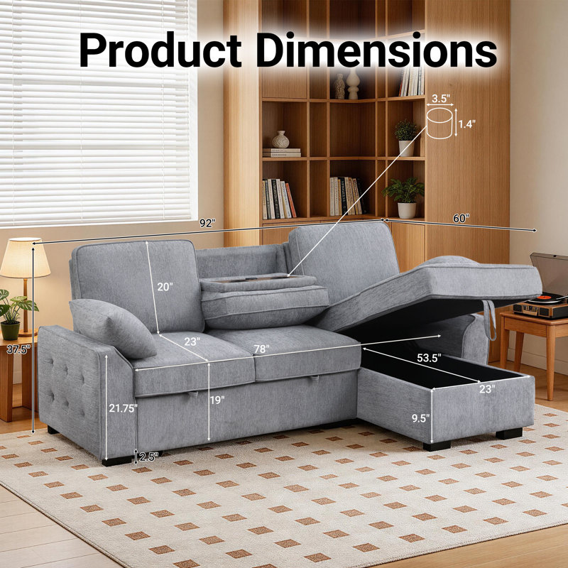 92" Convertible Sleeper Sofa Bed Chenille Sectional Pull Out Couch With Reversible Storage Chaise & Cup Holders & Charging Station