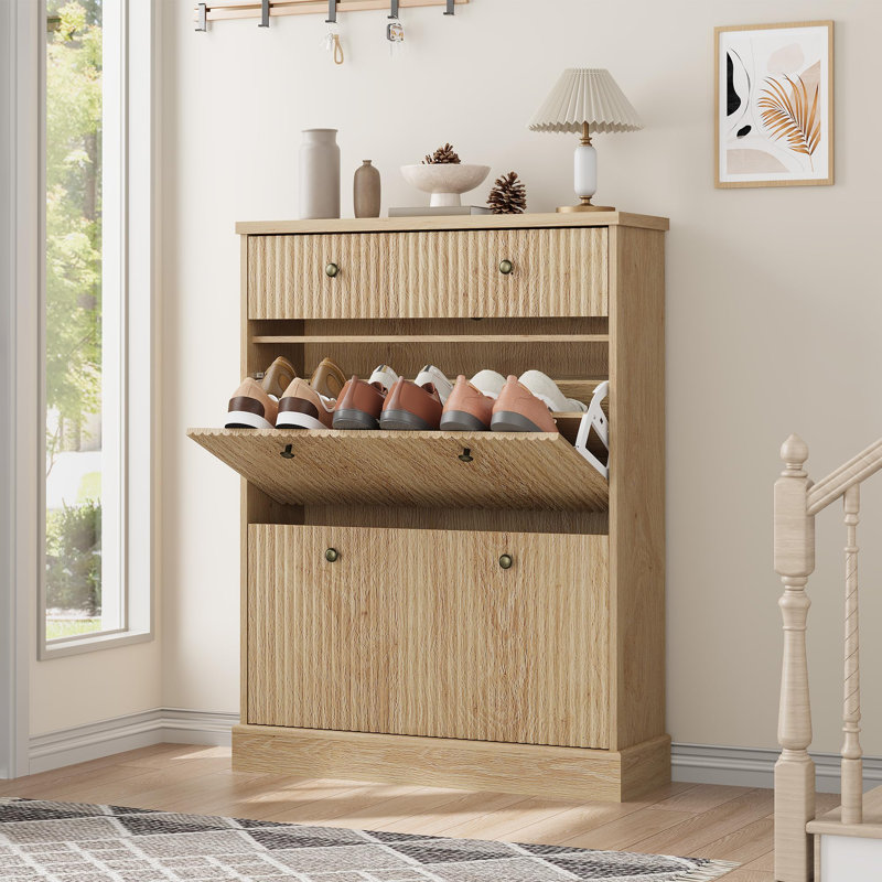 Narrow Shoe Cabinet with 2 Flip Drawers and Top Drawer, Freestanding Entryway Shoe Storage with Adjustable Shelves