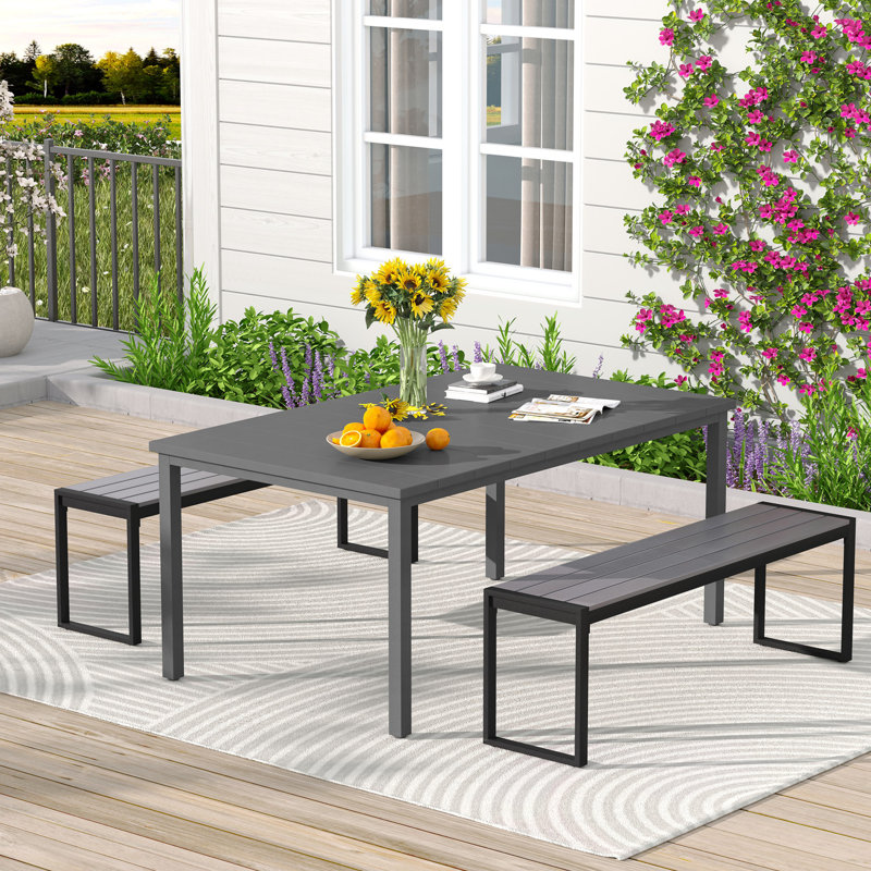 Ensemble repas d'extérieur pour patio avec table de salle à manger rectangulaire et bancs en faux bois, Gris