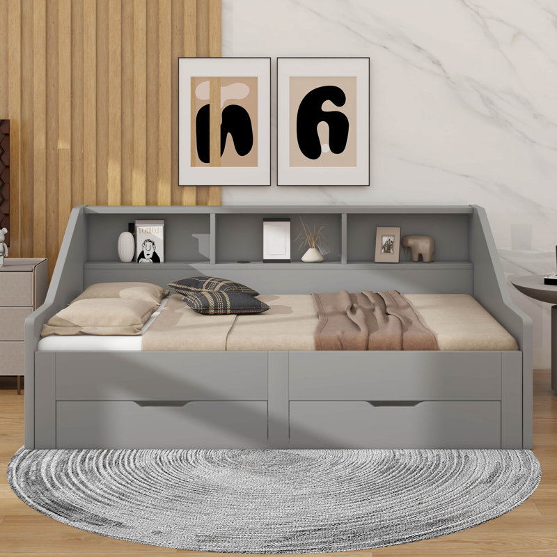 Transformable Daybed Frame Twin To King Size With Sleek Storage Bookcases, Grey