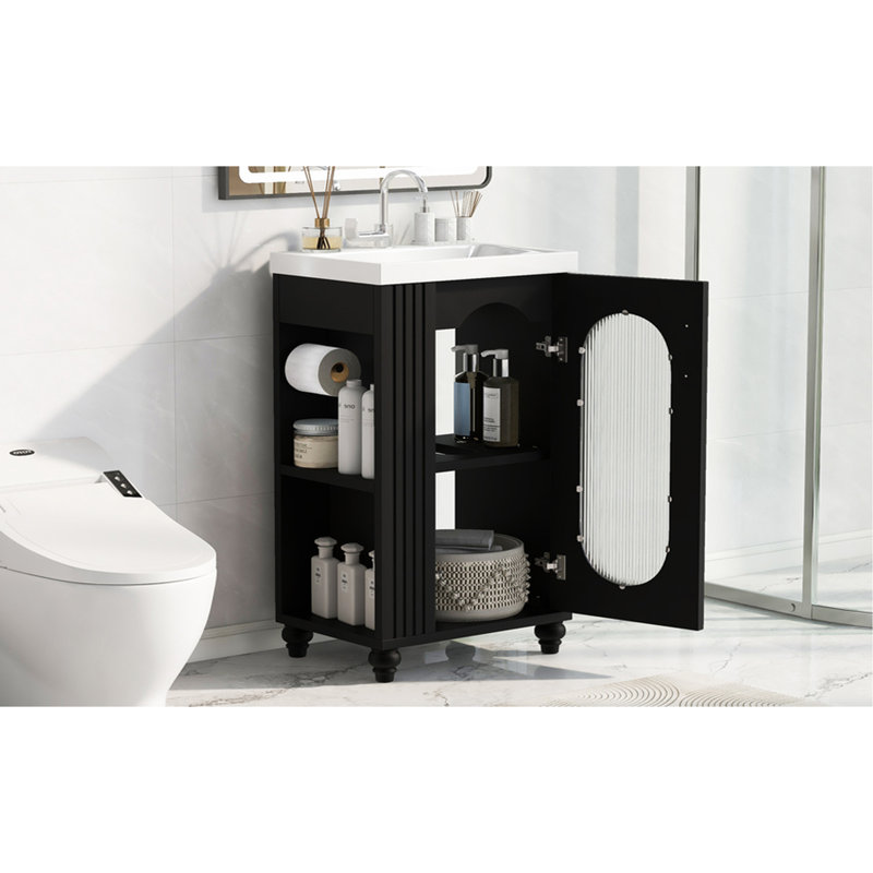 Meuble-lavabo de 20 po avec lavabo, porte d'armoire noire et en céramique, porte-papier hygiénique, tablette à deux niveaux, panneau autoportant ajustable de 20 po pour économiser de l'espace, conception compacte moderne