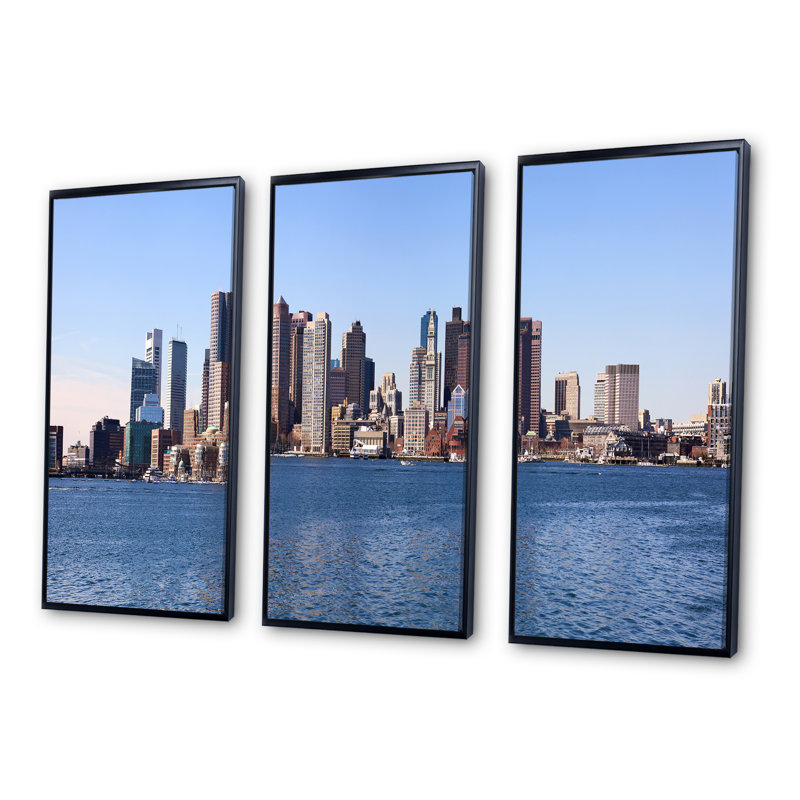 Boston Skyline Panorama - 3 pièces, cadre photo flottant sur toile, H 20 po x l 36 po, Noir