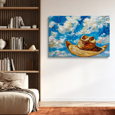 Impressionist Western Cowboy Hat Blue Sky Impasto Stretched Canvas Wall Art - Gallery Wrapped - Living Room Decor