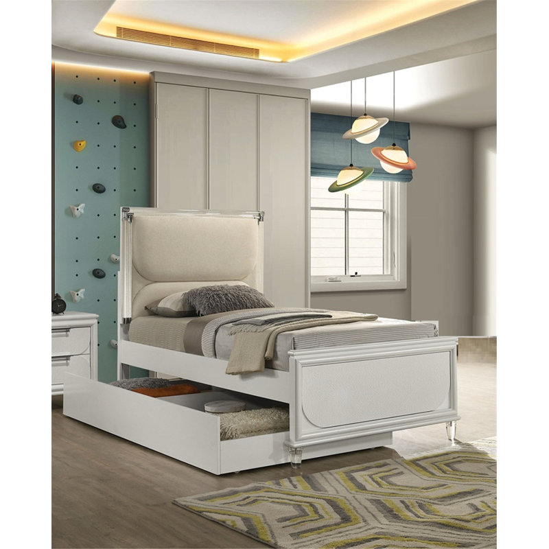 Ensemble de lit double Glam Pearl White avec lit gigogne et 2 tables de chevet, Double