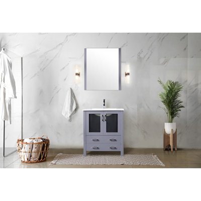 Gris foncé foncé 30 po W Meuble-lavabo avec comptoir en céramique blanc 18,25 po, robinet en acier inoxydable et comptoir de salle de bain à miroir mural 28 po