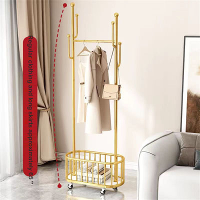 Portant à vêtements 32 po en métal doré avec roues verrouillables et panier de rangement inférieur, idéal pour un usage domestique et commercial dans le couloir, la chambre à coucher, le salon, le balcon, le bureau