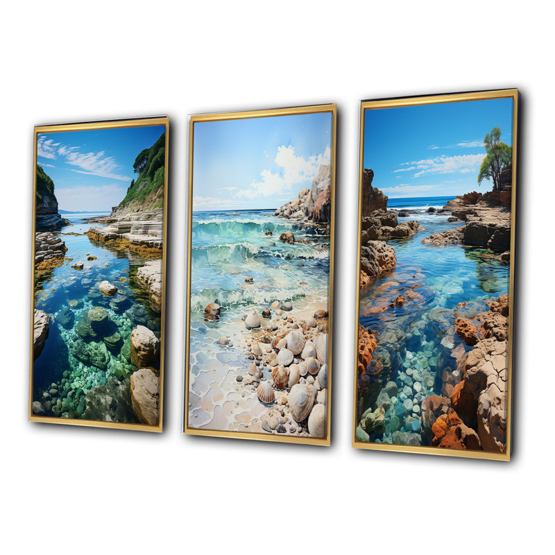 «Beach Photo Tranquil Tidepools», 3 pièces, Encadrement doré, H 32 po x l 48 po
