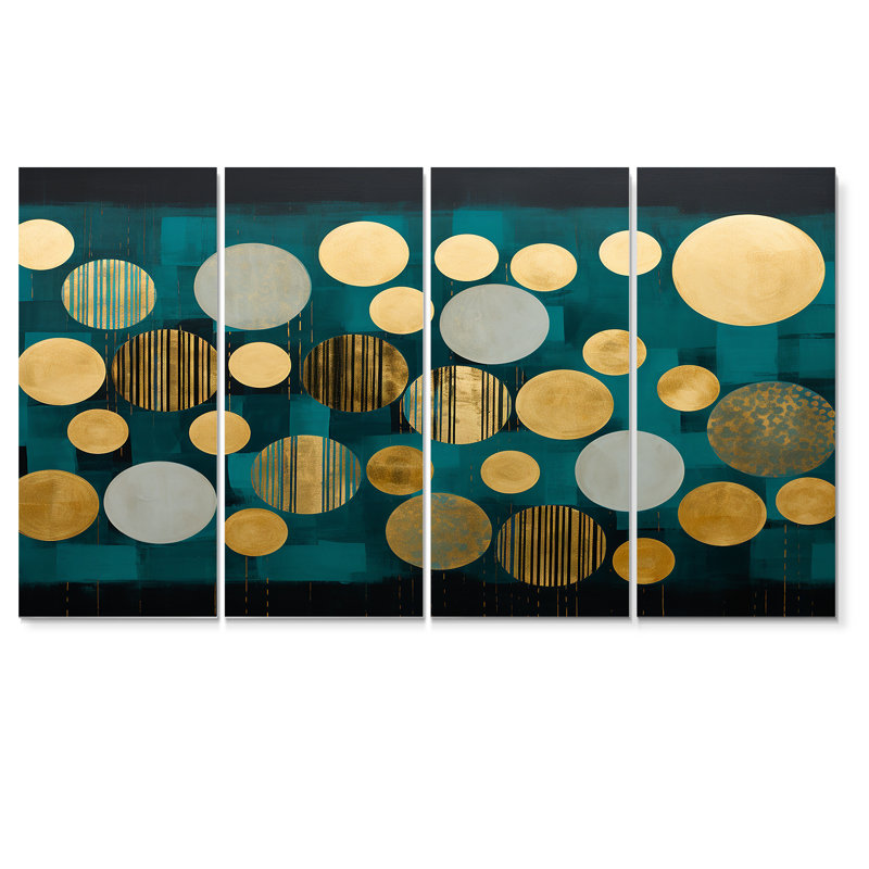 «Golden Circles Dance On Teal Blue», art mural géométrique 4 pièces, H 28 po x l 48 po
