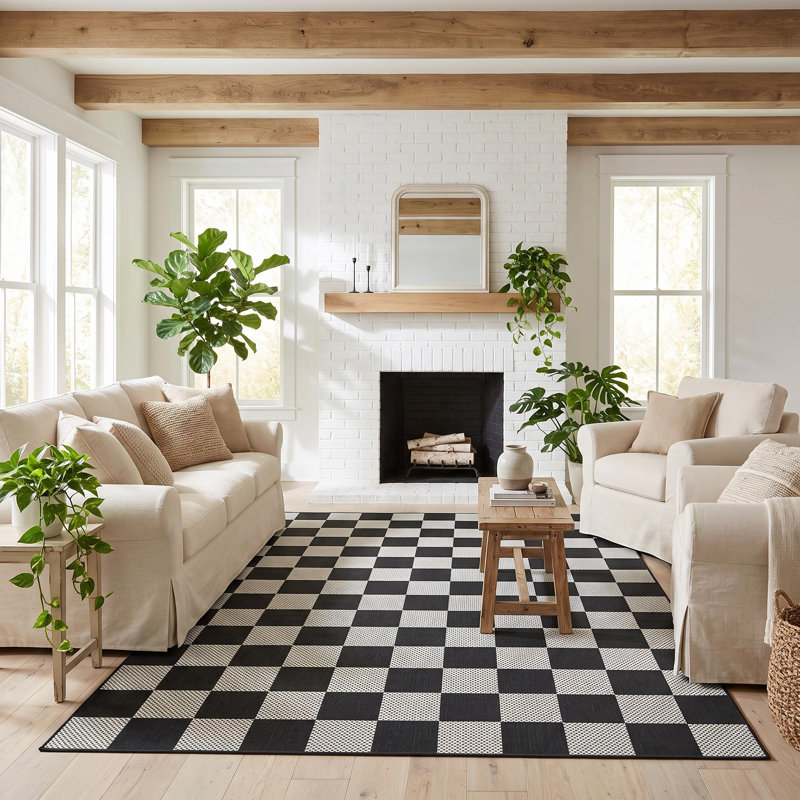 Tapis multicolore à carreaux lavable avec envers antidérapant, Noir, 9 x 12 pi