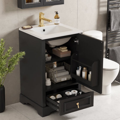 Meuble-lavabo moderne de 20 po avec lavabo en céramique - porte à fermeture en douceur, tablette ajustable en forme de U, support de tiroir et de porte à compartiments, structure en bois massif, conception compacte pour les petites salles de bain