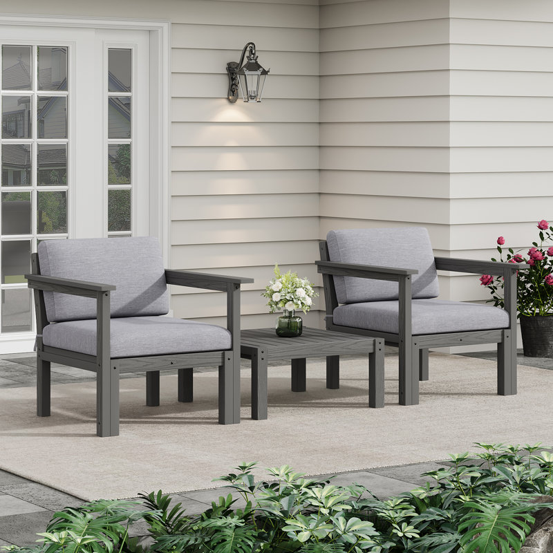 2-Person Outdoor Seating Group, HIPS Chairs with Cushions and Side Table, Gray, 3 Pcs: Table, 2 Chairs, Gray