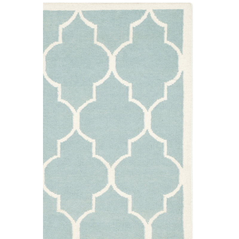 Rodgers Hand Woven Flat Weave Wool/Cotton Geometric Rug in Light Blue/Ivory, Runner 2'6" x 10'