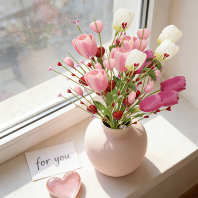 6 Pack Artificial Tulips with Heart Berries – Pink & Red Valentine’s Day Floral Picks – Realistic Faux Flowers with Bendable Stems for Mother’s Day, Wedding, Anniversary, Party Centerpieces & Home Decor