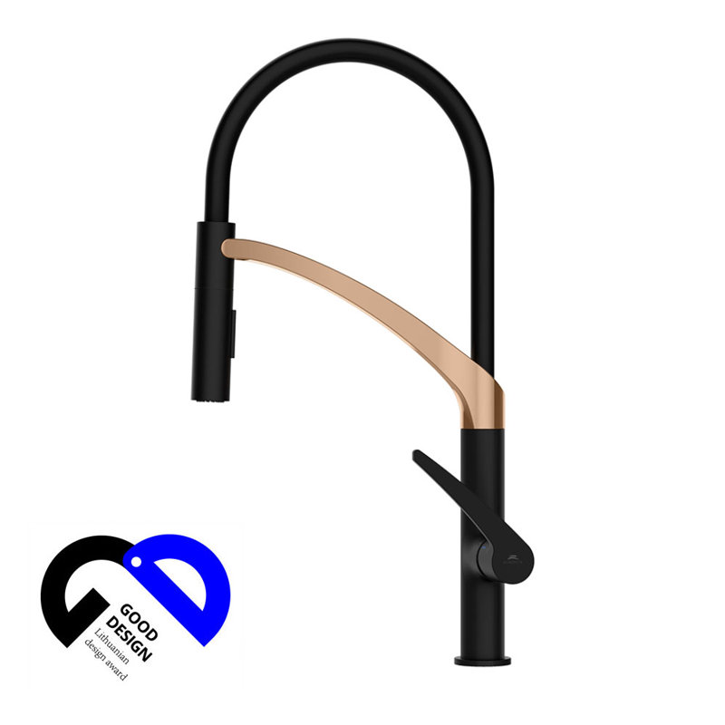 Ivy Bronx Barreau Pull Down Kitchen Faucet, Black/Rose Gold