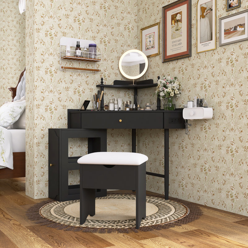 Triangle Vanity Desk Set With Charging Station & Removable Storage Cabinet, Black/White