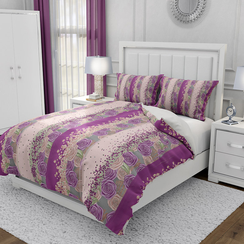  Ensemble de housse de couette en microfibre mauve et rose 3 pièces, Queen Duvet Cover + 2 King Shams