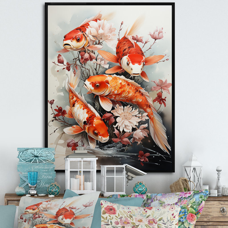 Pêche, pêche d'art contemporain Koi, H 32 po x l 16 po x P 1 po, Cadre flottant noir