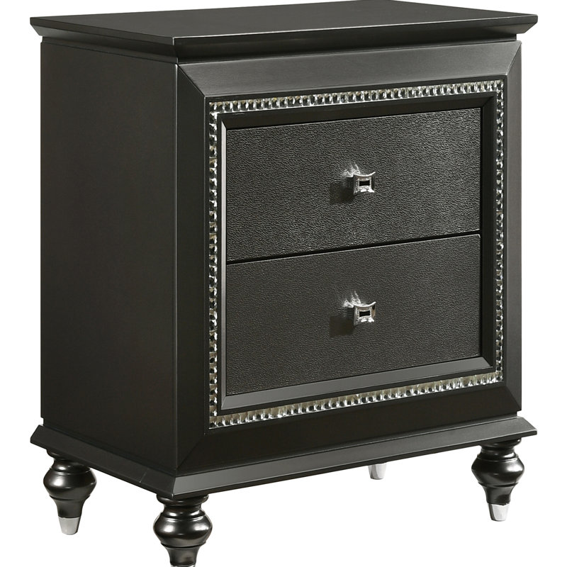 Table de chevet 2 gris métallique - Rangement de chambre à coucher élégant avec caractéristiques et ornement glamour à garniture scintillante