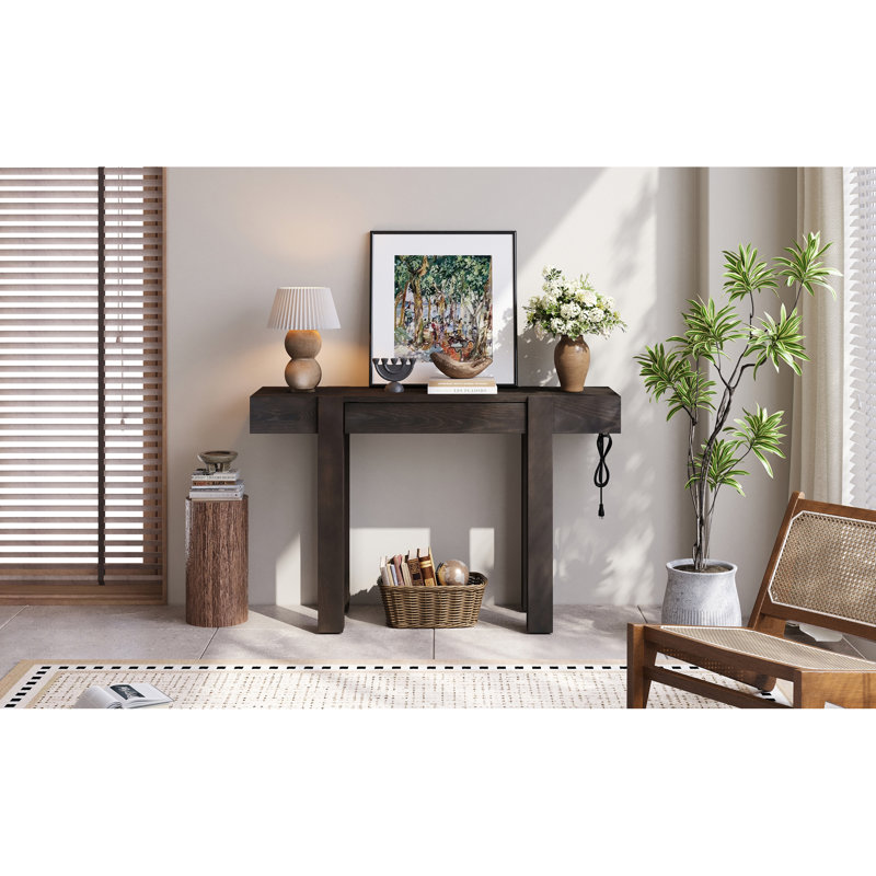 Console rustique minimaliste avec tiroir caché, prise de courant latérale, table d'entrée en bois pour les entrées, les salons et les bureaux à domicile