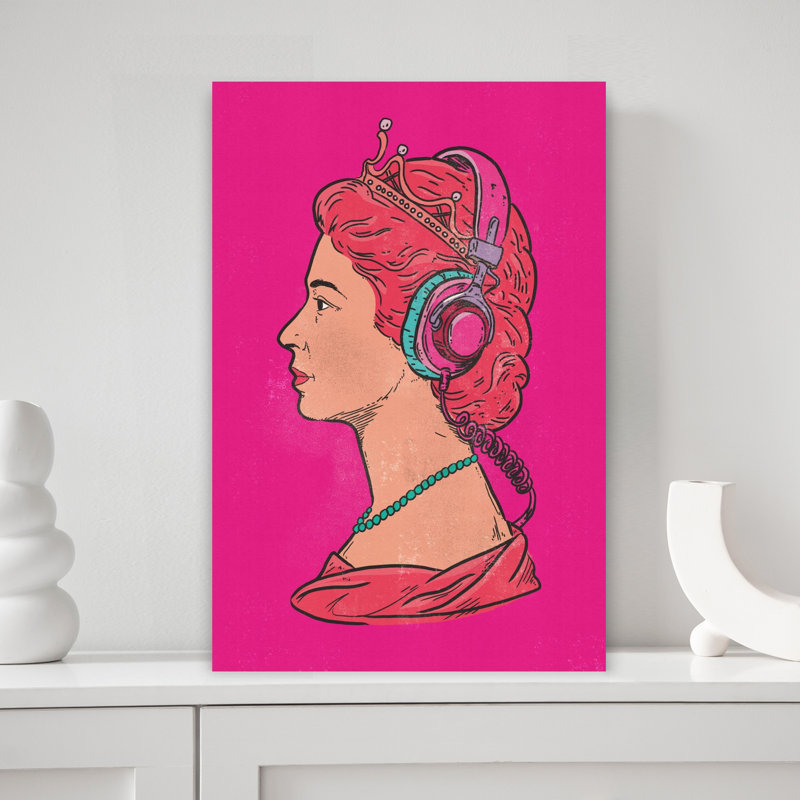 Iconic Queen, écouteurs, rose, portrait abstrait moderne, art mural, H 18 po x l 12 po