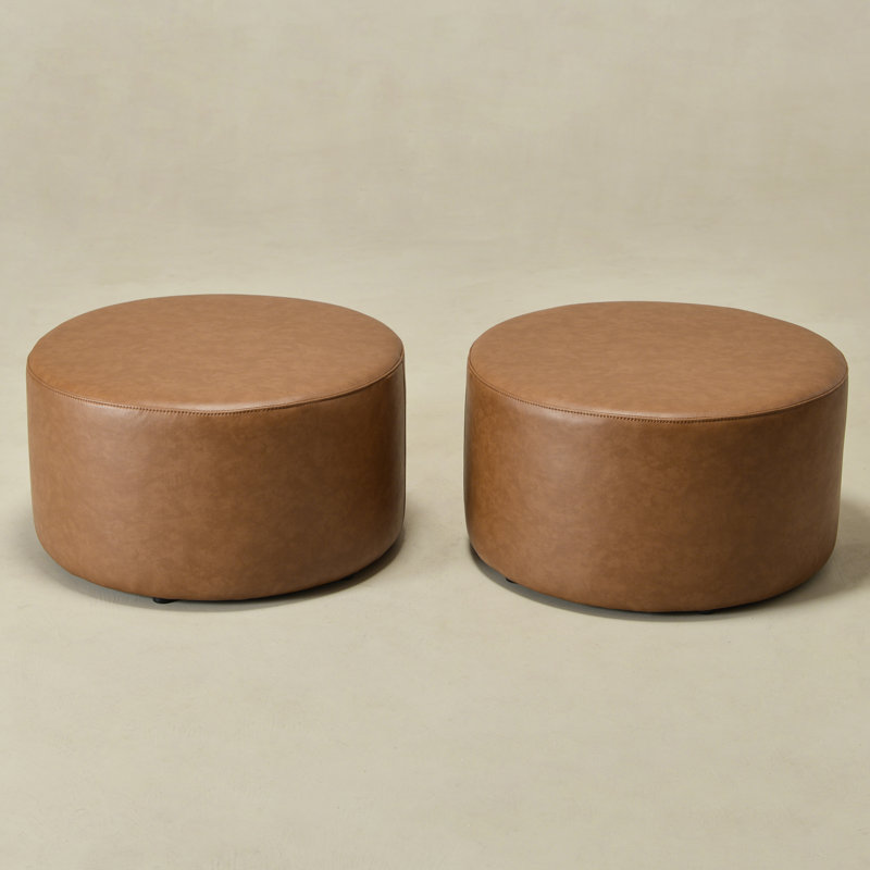 24" Wide Faux Leather Round Upholstered Ottoman Set Of 2, Camel