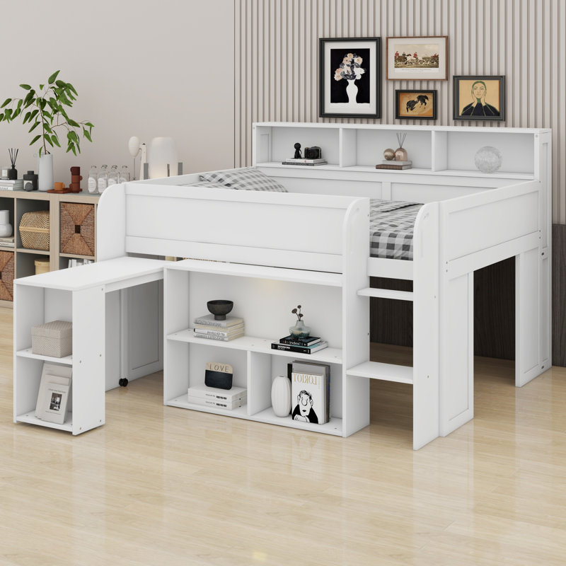Lit mezzanine moderne en bois avec tablettes intégrées, bureau d'étude et éclairage DEL, Blanc