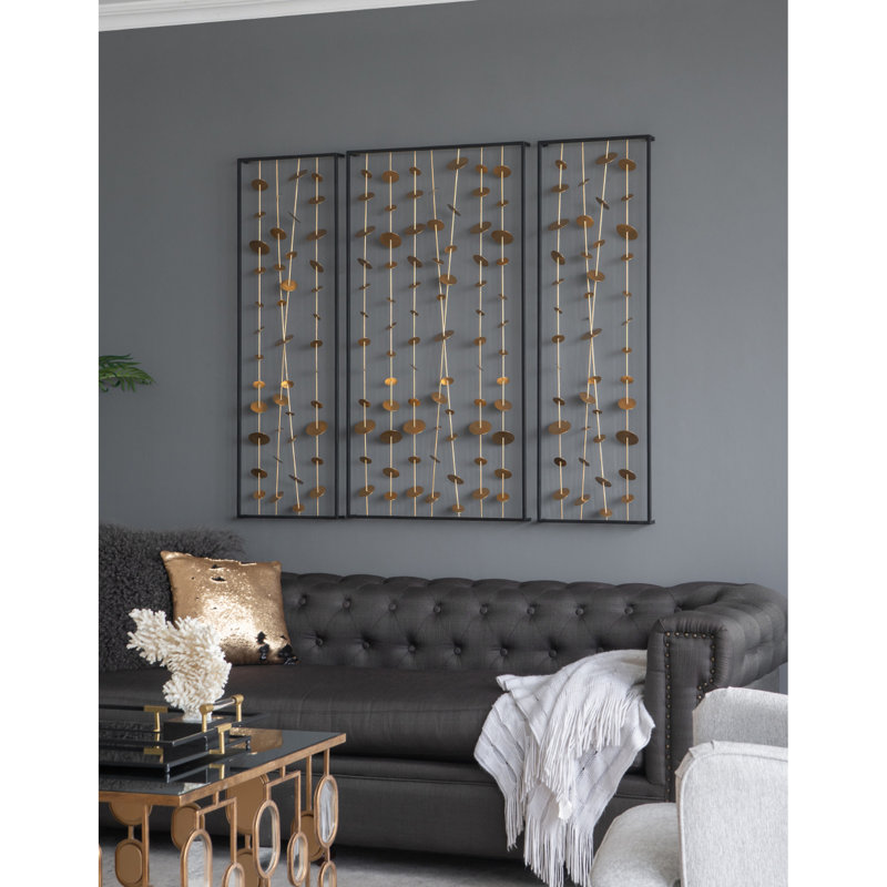 Ensemble de 3 décorations murales en métal avec cadre noir - doré captivant, fer pour les espaces de vie, 3 pièces décoratives dorées, intérieur robuste