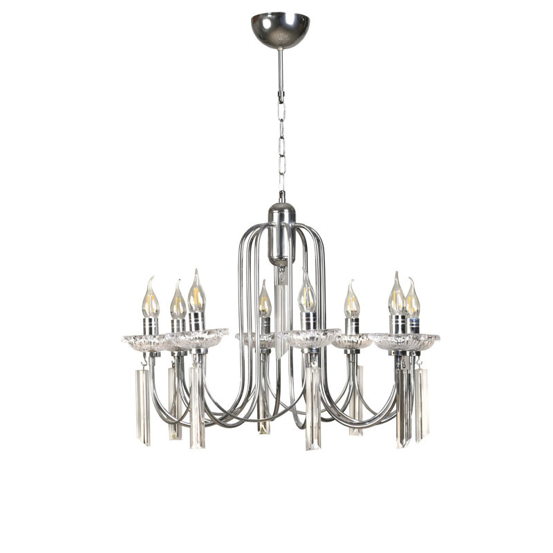 Elegant Chrome Chandelier with Crystal Accents, Adjustable Height 25.6 x 33.5 inches | Metal Body, E14 Socket (Max 40W) | Stunning Lighting Fixture for Living Room, Dining Area & Entryway Décor