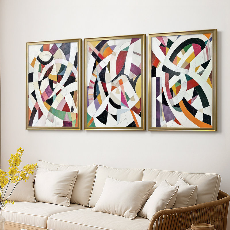 ABSTRACT Series LVIII  -Custom Framed  Wrapped Gallery Canvas - 3 Pieces, 27" H x 39" W, Gold