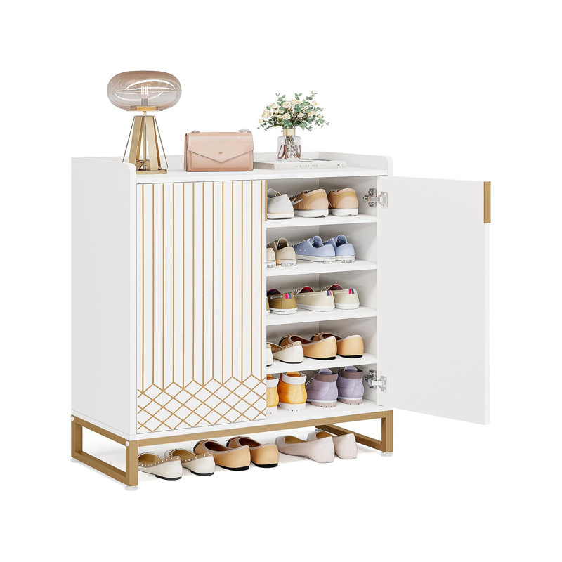 Modern White & Gold Shoe Cabinet - Diamond Texture, Luxe Minimalist Design, Entryway Hallway Accent
