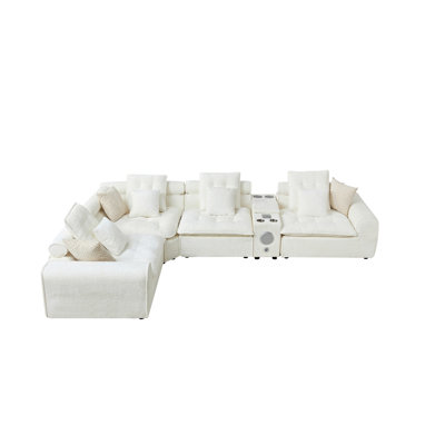 137.7" White Fluffy Lamb Wool Sectional Sofa