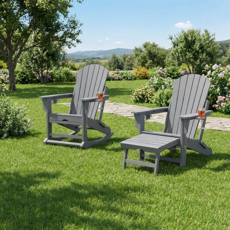 Folding Adirondack Rocking Chair Set 2-Pack – HDPE Outdoor Rockers with Retractable Footrest, High Back, Cup Holders, 2
