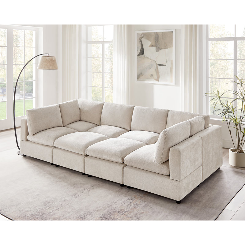 8-Piece Upholstered Symmetrical Sectional, Modular Sofa With Portable Ottomans, Beige Polyester