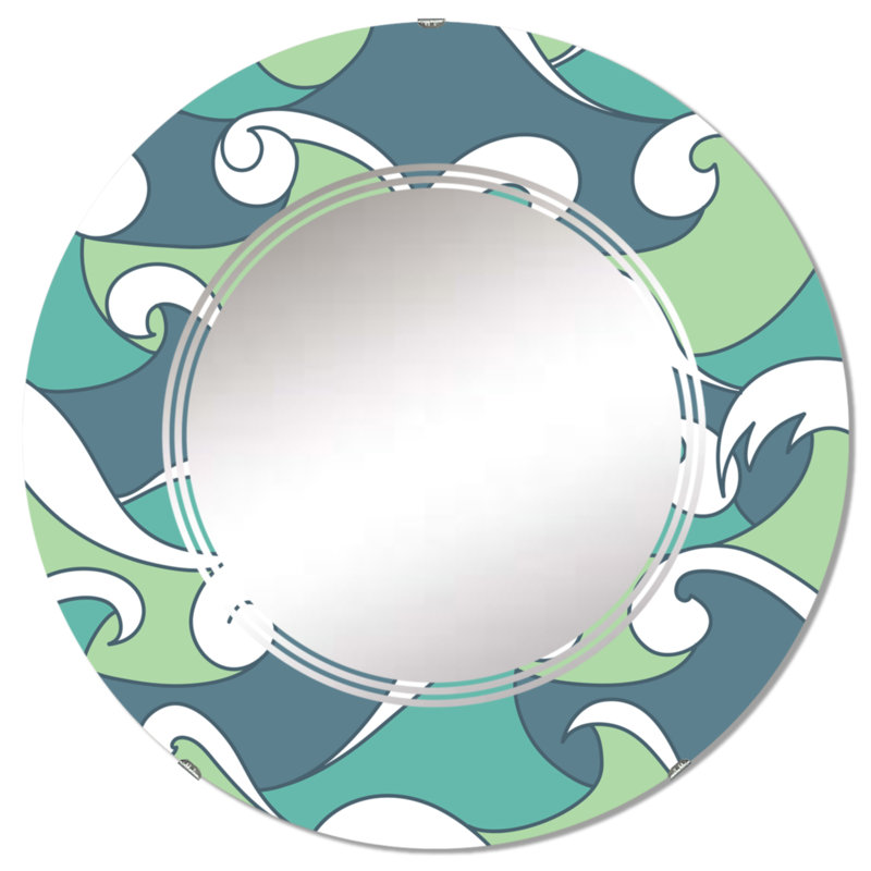 Vagues abstraites vertes et bleues - Miroir mural à motif rond, 24 po x 24 po