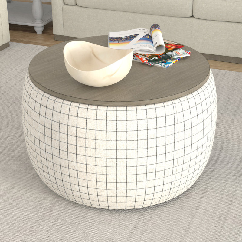 Icarus 34" Wide Storage Ottoman with a Solid Wood Top, Charcoal Windowpane Polyester