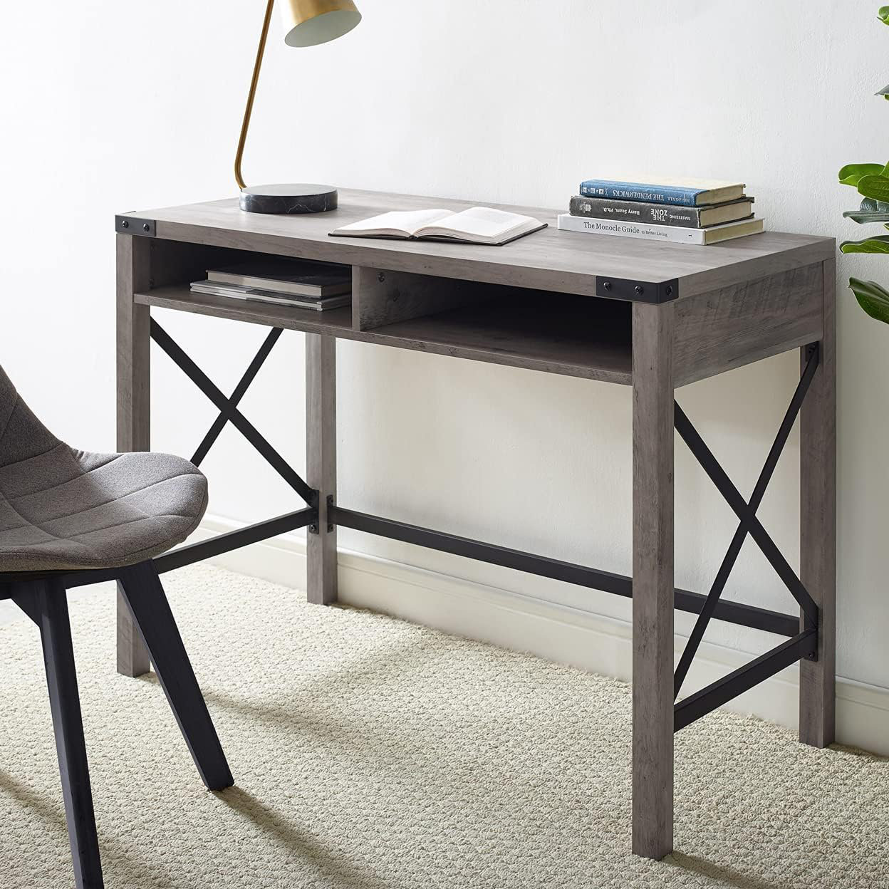 Gracie Oaks Callum Modern Farmhouse Metal X Writing Desk, 42 Inch, Grey ...