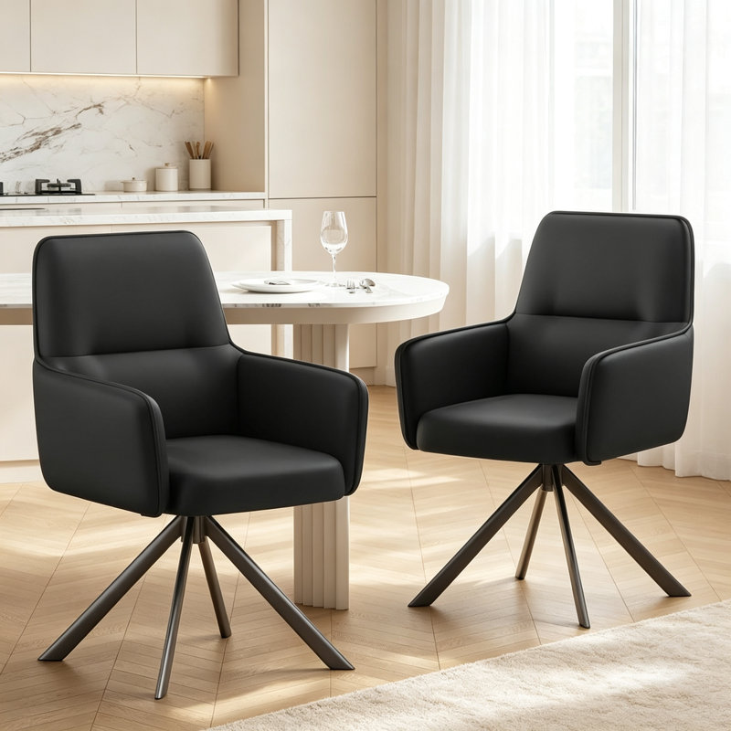 Chaises de salle à manger pivotantes en similicuir Mid-Century , Similicuir noir