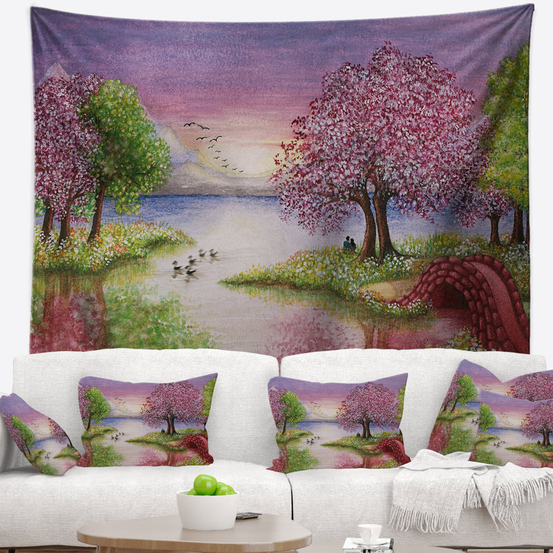 Lac romantique en tapisserie rose et verte, H 50 po x l 60 po