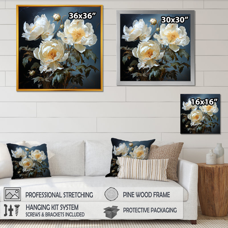 " Beige Whispers Of Peonies V ", 36" H x 36" W x 1.5" D, Silver Single Picture Framed