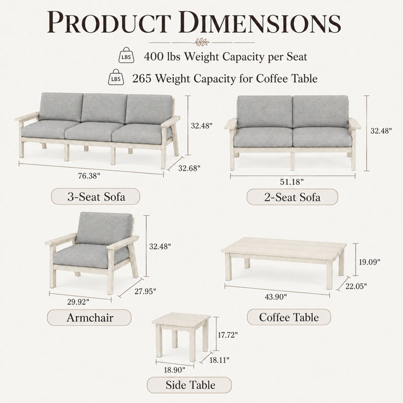 Ensemble de conversation de patio en PEHD pour 7 personnes avec coussins, ensemble de canapé de patio toutes saisons, ensemble de conversation extérieur