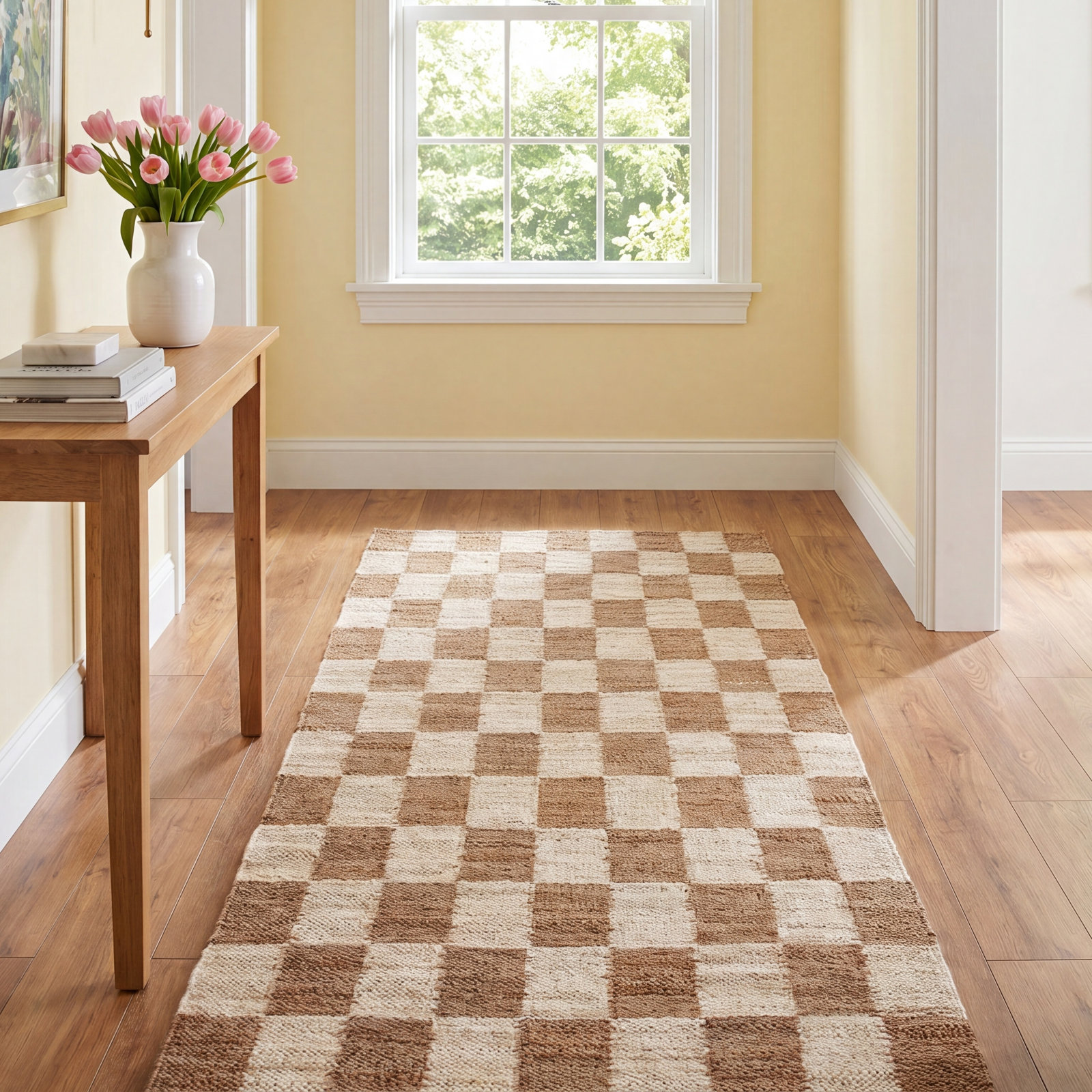 Madalene Natural Ivory Checkered Jute Rug, Runner 2'6" x 8'